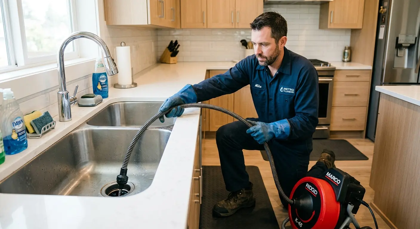 Drain cleaning technician using a motorized snake on a kitchen sink in Grovetown