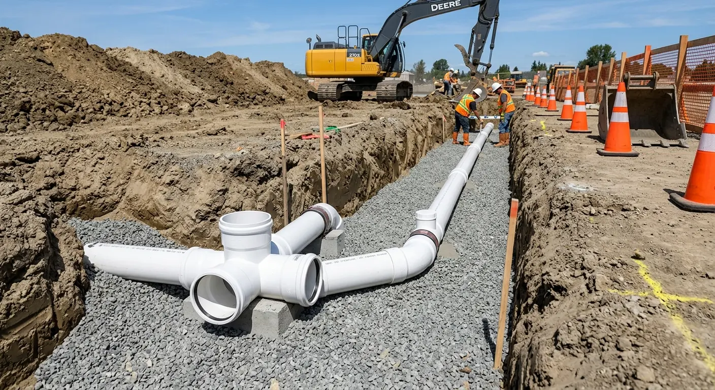 New PVC sewer pipe installation in open trench for Commercial Drain Cleaning in Grovetown