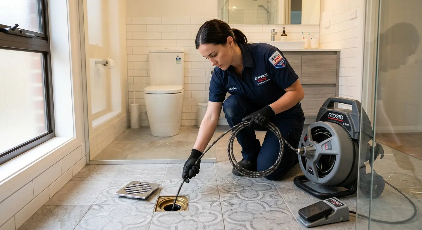 Technician clearing a bathroom floor drain for Drain Cleaning in Grovetown